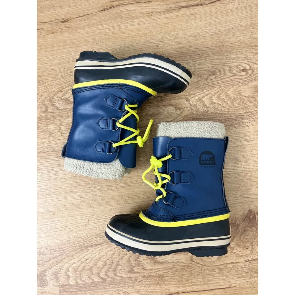Sorel Winter Waterproof Snow Boots Kids 1 Navy Blue‎ Yellow Yoot Pac NY1443-591
